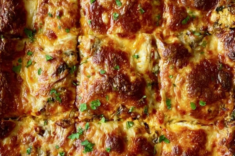 Invisible butternut squash, spinach, and mushroom lasagna in a baking dish