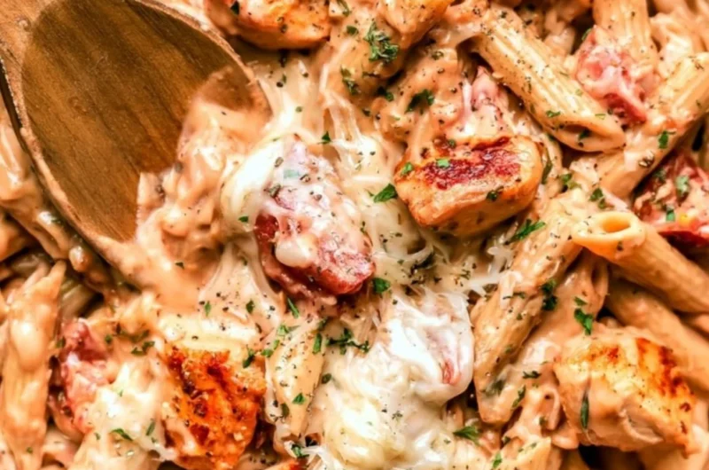 Delicious one pot chicken pasta dish ready to serve