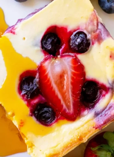 Delicious baked yogurt topped with fresh fruits and nuts