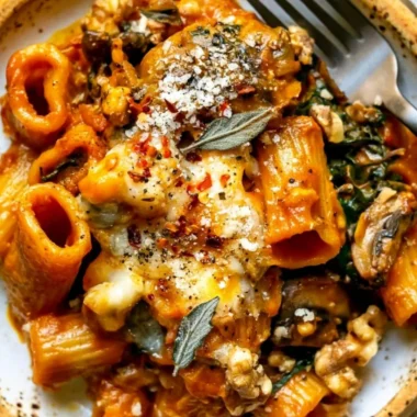 Cheesy pumpkin pasta bake with mushrooms and spinach in a baking dish