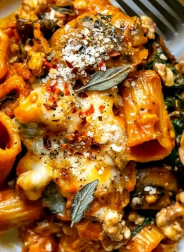 Cheesy pumpkin pasta bake with mushrooms and spinach in a baking dish