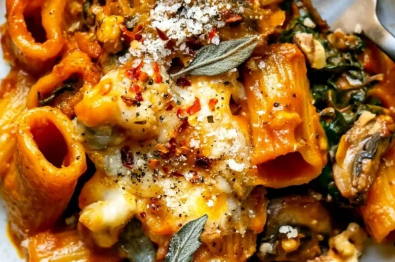 Cheesy pumpkin pasta bake with mushrooms and spinach in a baking dish