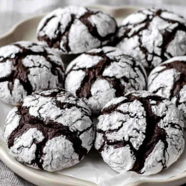 Deliciously baked Chocolate Crinkle Cookies with powdered sugar dusting.