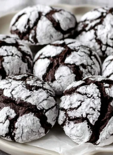 Deliciously baked Chocolate Crinkle Cookies with powdered sugar dusting.