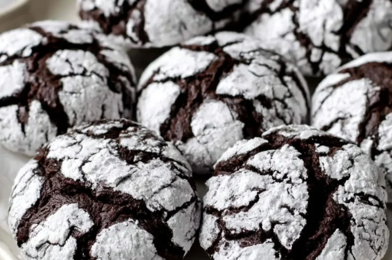 Deliciously baked Chocolate Crinkle Cookies with powdered sugar dusting.