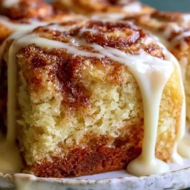 Delicious Cinnabon cinnamon roll cake topped with creamy icing