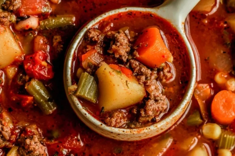 A bowl of hearty Cowboy Soup filled with beef, beans, and vegetables.