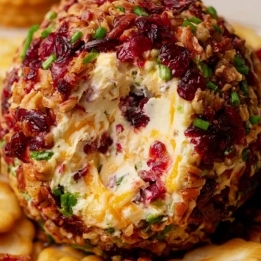 Cranberry pecan cheese ball served with crackers and fruits