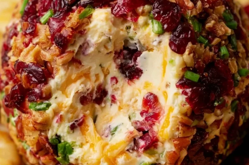Cranberry pecan cheese ball served with crackers and fruits