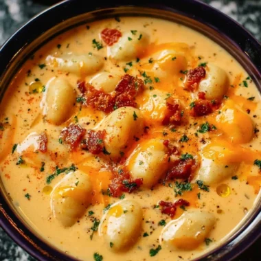 Creamy bacon cheddar gnocchi soup in a bowl with toppings