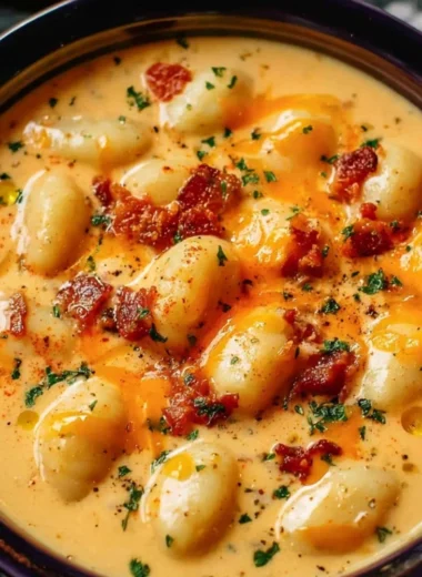 Creamy bacon cheddar gnocchi soup in a bowl with toppings
