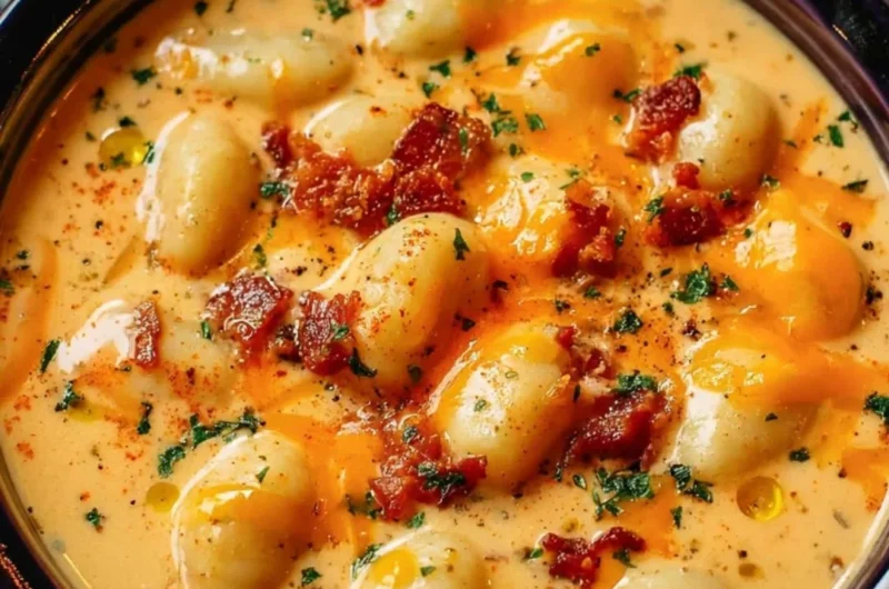 Creamy bacon cheddar gnocchi soup in a bowl with toppings