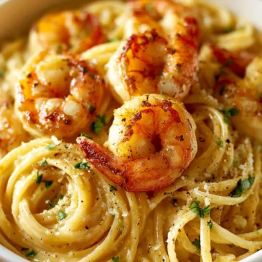 Creamy garlic shrimp pasta served in a bowl with fresh herbs on top