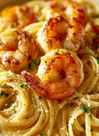 Creamy garlic shrimp pasta served in a bowl with fresh herbs on top