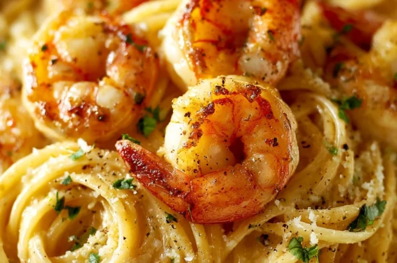 Creamy garlic shrimp pasta served in a bowl with fresh herbs on top