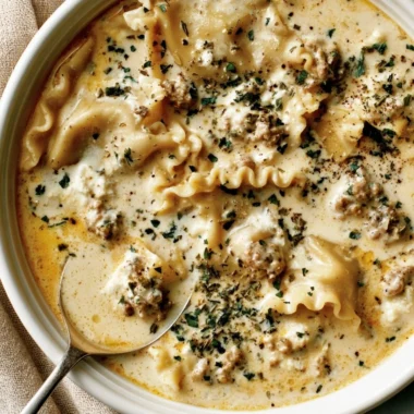 Bowl of creamy white lasagna soup topped with cheese and herbs