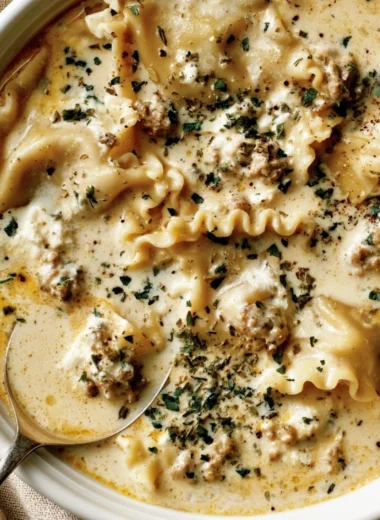 Bowl of creamy white lasagna soup topped with cheese and herbs