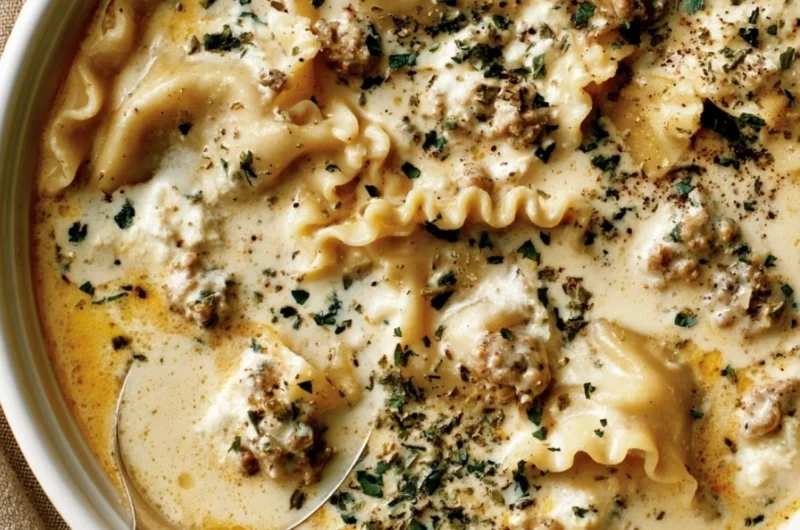 Bowl of creamy white lasagna soup topped with cheese and herbs