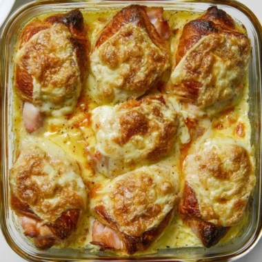 Delicious Croque Monsieur Croissant Bake served on a plate with cheese and ham.