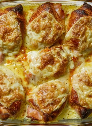 Delicious Croque Monsieur Croissant Bake served on a plate with cheese and ham.