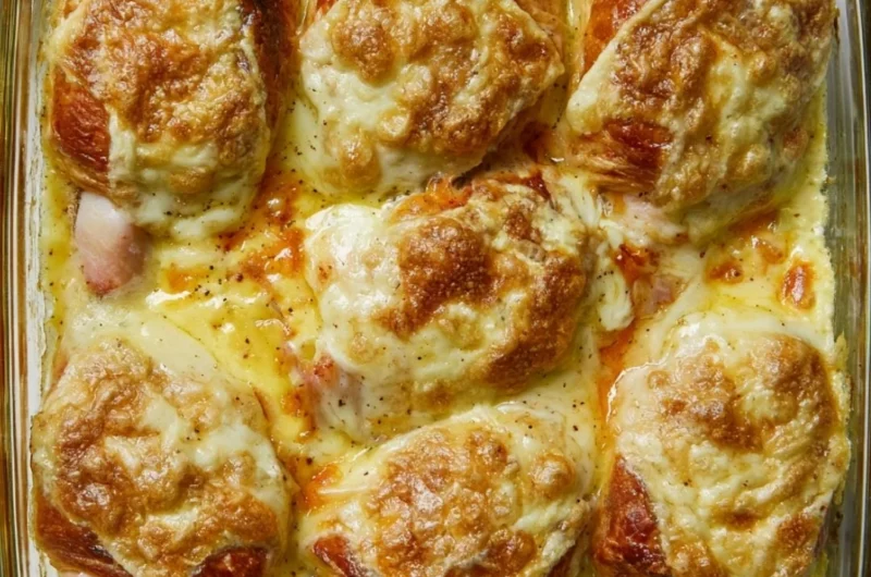 Delicious Croque Monsieur Croissant Bake served on a plate with cheese and ham.