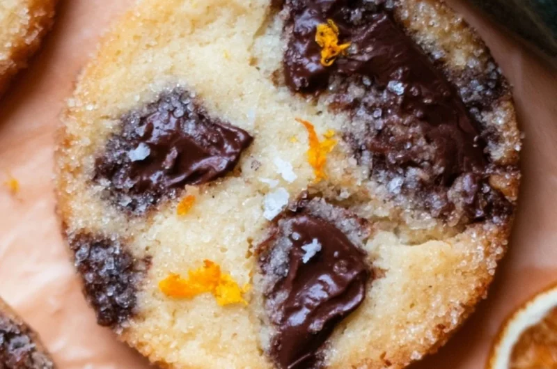 Dark Chocolate Orange Shortbread Cookies with chocolate drizzle and orange zest