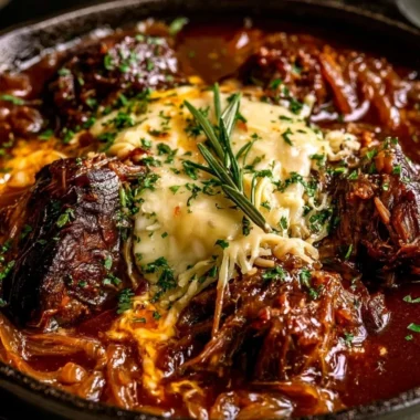 Delicious French onion braised chuck roast dish garnished with onions