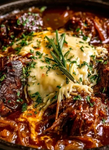 Delicious French onion braised chuck roast dish garnished with onions
