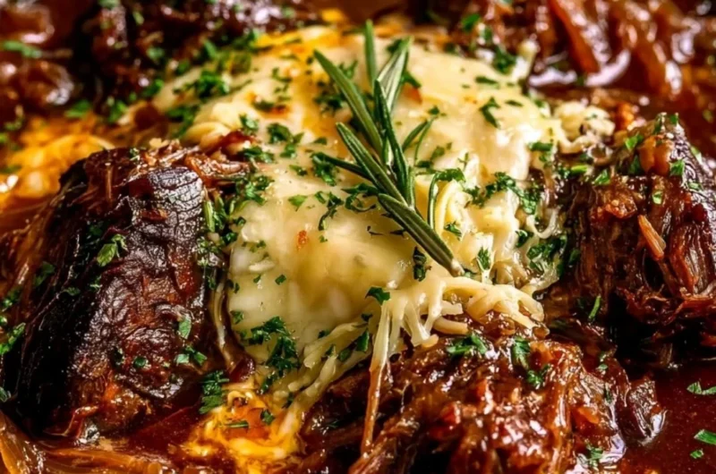 Delicious French onion braised chuck roast dish garnished with onions