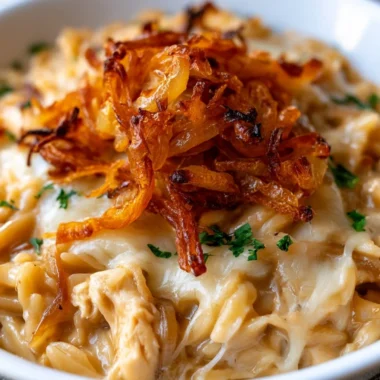 French Onion Chicken Orzo Casserole topped with melted cheese