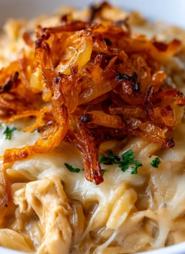 French Onion Chicken Orzo Casserole topped with melted cheese