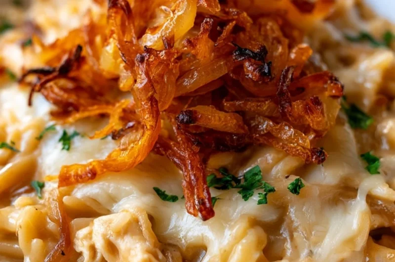 French Onion Chicken Orzo Casserole topped with melted cheese