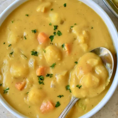 Bowl of creamy German potato soup garnished with herbs and bacon