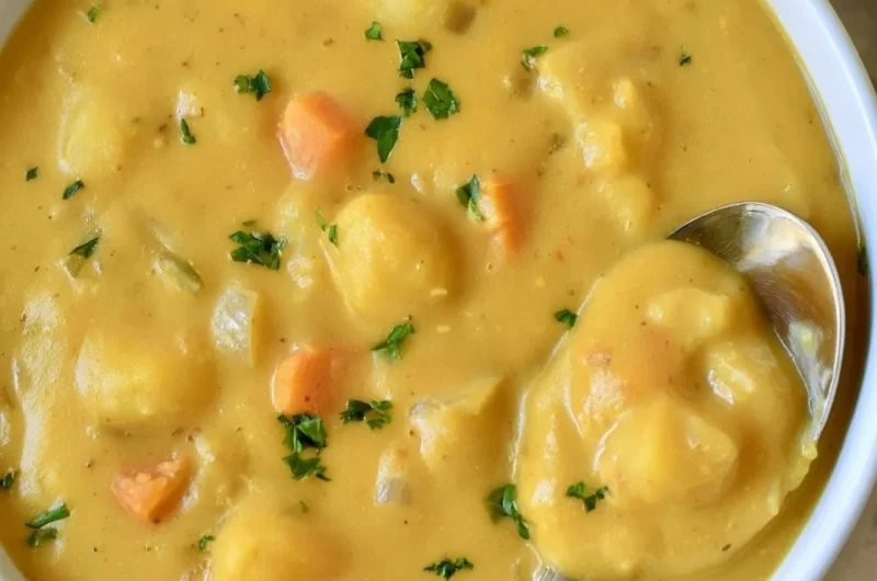 Bowl of creamy German potato soup garnished with herbs and bacon