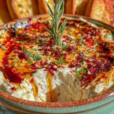 Creamy hot honey Boursin dip served with crackers and vegetables
