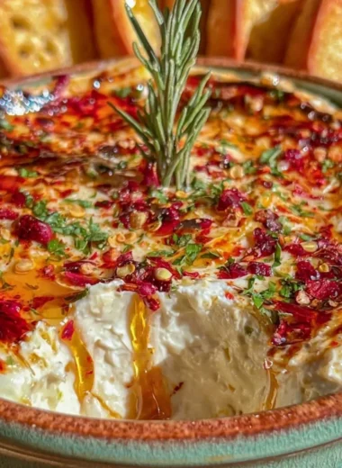 Creamy hot honey Boursin dip served with crackers and vegetables