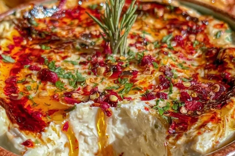Creamy hot honey Boursin dip served with crackers and vegetables