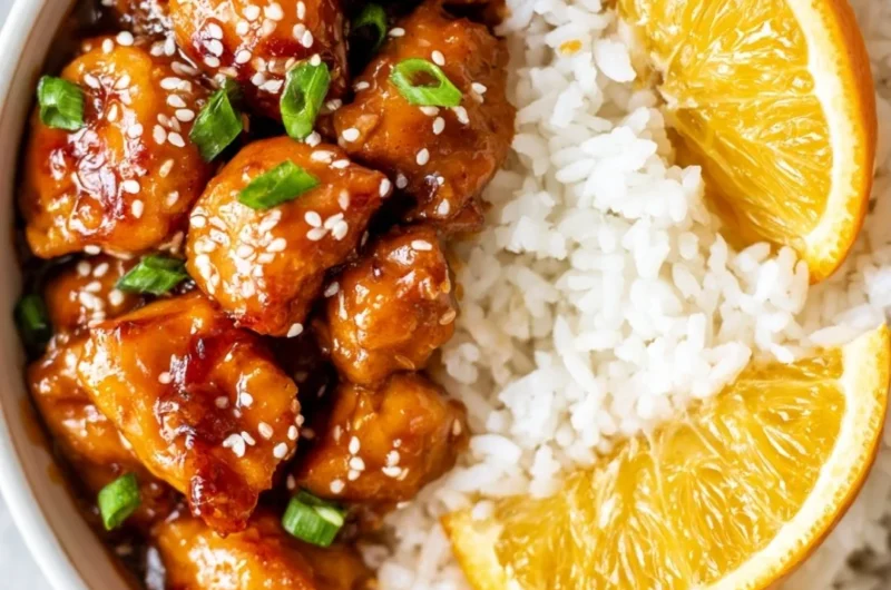 Healthy orange chicken bowl served with vegetables and rice, perfect for a quick meal.