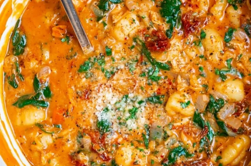 Bowl of delicious Italian chicken gnocchi soup with vegetables and spices.