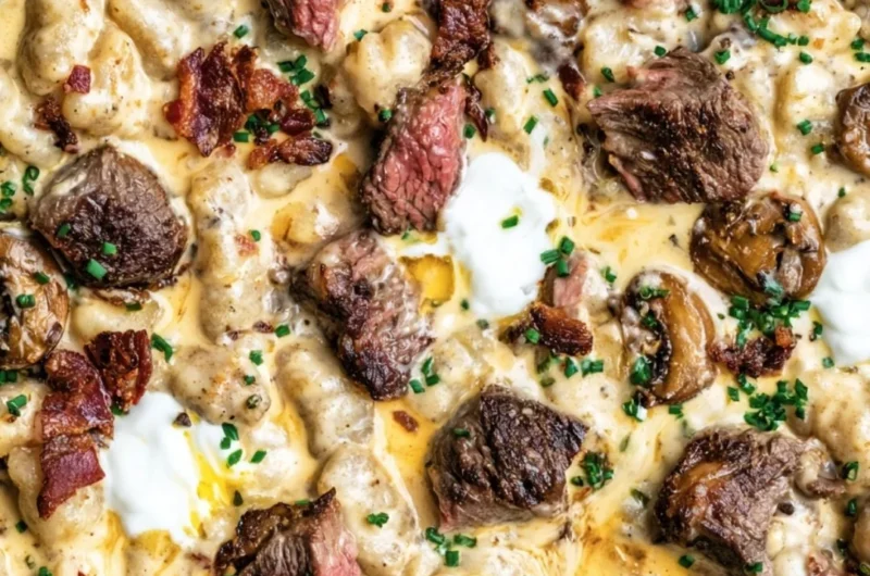 Loaded steak and gnocchi skillet meal served in a pan