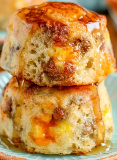 Delicious McGriddle Muffins with syrup and sausage, ideal for breakfast.