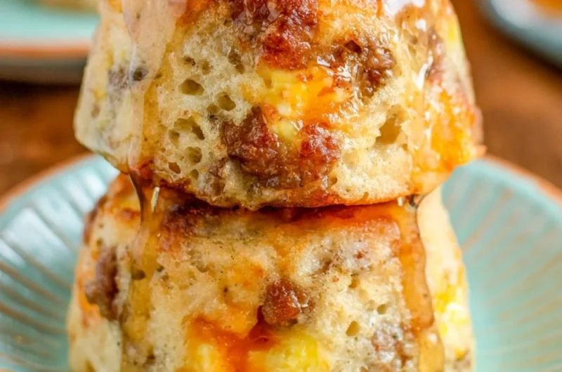 Delicious McGriddle Muffins with syrup and sausage, ideal for breakfast.