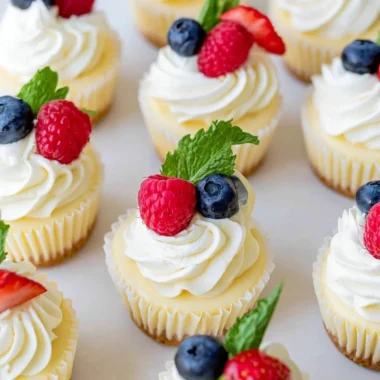 Delicious mini cheesecakes topped with fresh berries and whipped cream