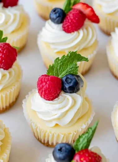 Delicious mini cheesecakes topped with fresh berries and whipped cream