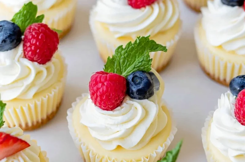 Delicious mini cheesecakes topped with fresh berries and whipped cream