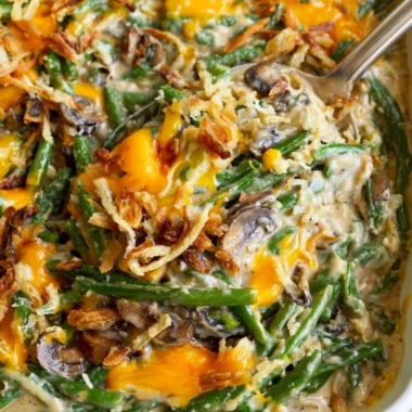 Paula Deen's delicious green bean casserole, a holiday favorite side dish.