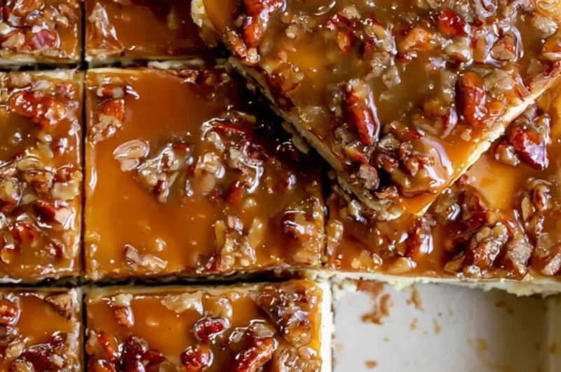 Delicious pecan pie cheesecake bars topped with caramel and pecans