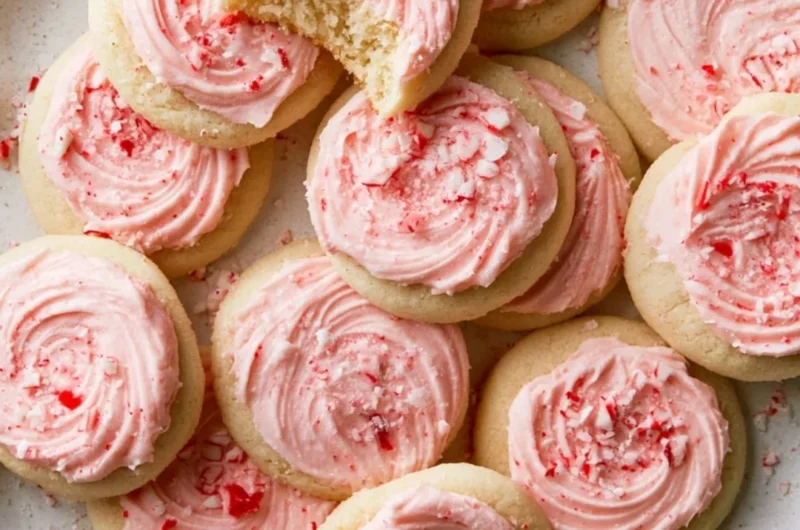 A plate of peppermint meltaway cookies topped with crushed candy canes.