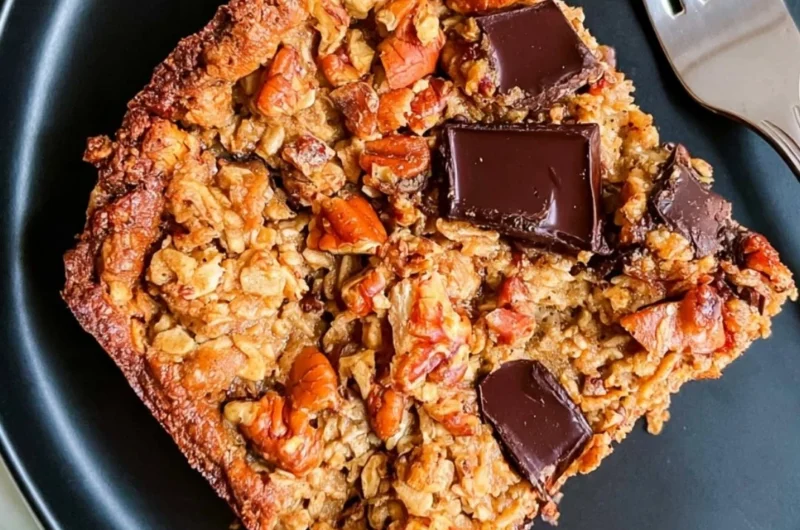 Delicious protein baked oatmeal topped with chocolate chunks in a bowl
