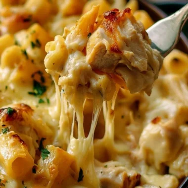 Garlic parmesan pasta bake in a dish, garnished with parsley and cheese